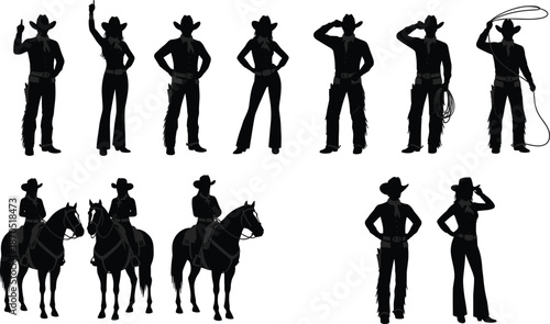 Wild west cowboy and cowgirl silhouettes set, western men and women with horses, lasso and classic poses, black vintage vector illustration collection