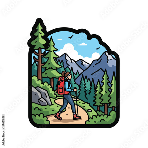 A hiker with a backpack walks on a trail in a forest