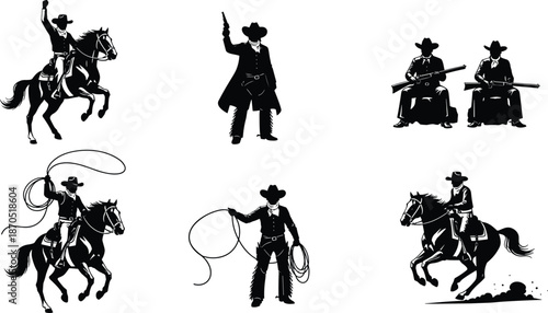 Wild west cowboy silhouettes set, gunfighter, outlaw and horse rider poses, black western vector illustration collection for logo, poster, branding, vintage design