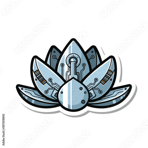 A futuristic lotus flower with metallic petals and circuitry