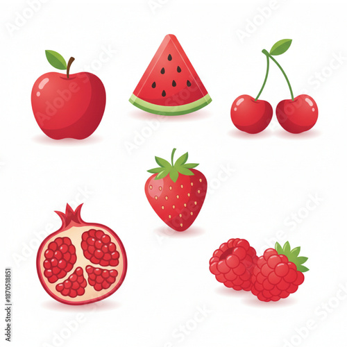 A fresh and healthy set of ripe fruits and berries including sweet strawberry, juicy raspberry, and blueberry isolated on white background in a vector illustration