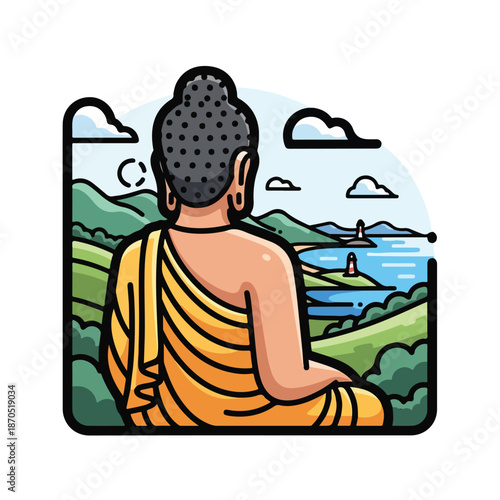 A person in orange robes sitting and looking at a landscape