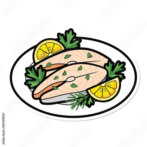 A plate of fish with lemon and herbs