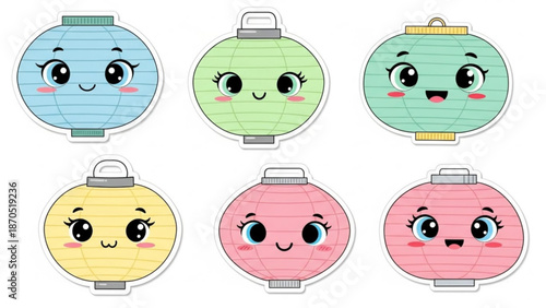 Colorful cartoon cosmetic compacts with smiling faces in blue green yellow and pink hues for beauty and makeup concepts with cute and kawaii