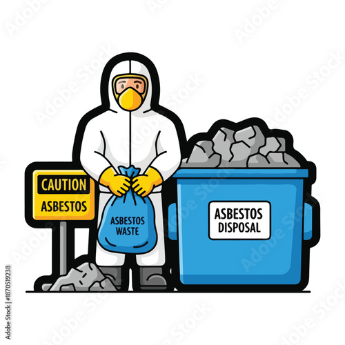 A person in protective gear handles asbestos waste