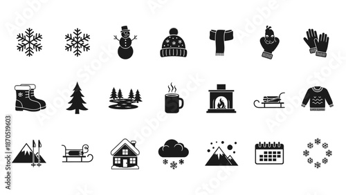 A collection of winter-themed icons, including snowflakes, a snowman, a knitted hat, a scarf, mittens, a boot, a Christmas tree, a cabin, a fireplace, a sled, a sweater, mountains, and a calendar.