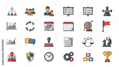 A comprehensive collection of business and strategy-related icons, featuring elements like organizational charts, team collaboration, presentations, calendars, targets, and chess pieces.