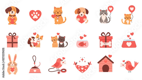 A charming collection of cute Valentine's Day themed illustrations featuring adorable animals, hearts, gifts, and romantic symbols.