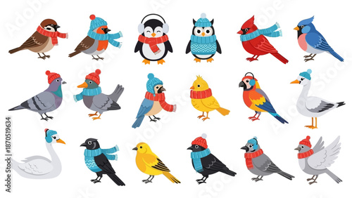 A charming collection of diverse bird species adorned in cozy winter attire, including hats and scarves, set against a clean white background.