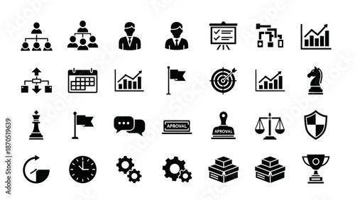 A collection of black and white icons representing business strategy, management, planning, and success, including organizational charts, graphs, targets, and awards.