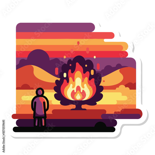 A person watches a burning tree at sunset