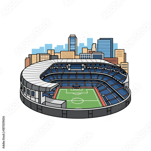 A large soccer stadium with a green field and blue seats