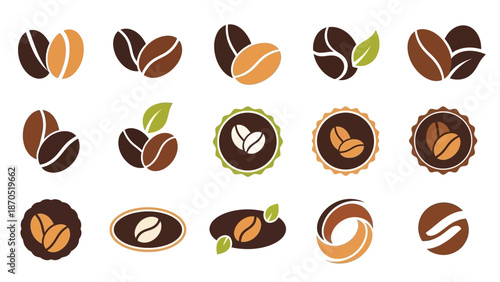 A collection of stylized coffee bean icons and logos, showcasing various designs and color palettes.