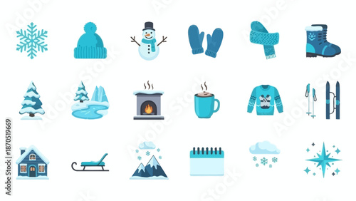 A collection of flat design winter icons including snowflake, hat, snowman, mittens, scarf, boots, trees, ice, fireplace, hot chocolate, sweater, skis, house, sled, mountains, calendar