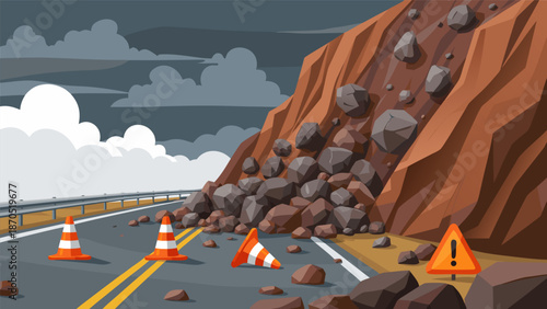 Vector illustration of a landslide on a road with traffic cones and warning signs, representing natural disaster and road closure