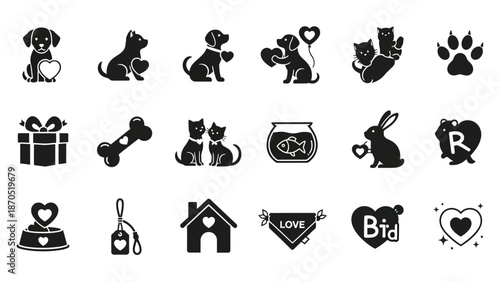 A collection of black and white icons representing pets and love, including dogs, cats, rabbits, fish, bones, hearts, gift boxes, and paw prints.