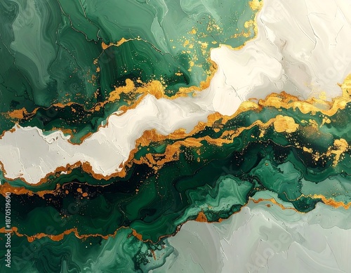 Emerald Green and Gold Abstract Art Background with Fluid Texture.