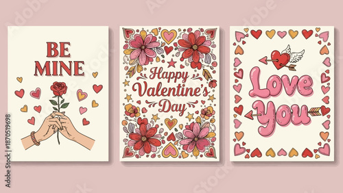Three retro-style Valentine's Day greeting cards featuring romantic imagery and text.