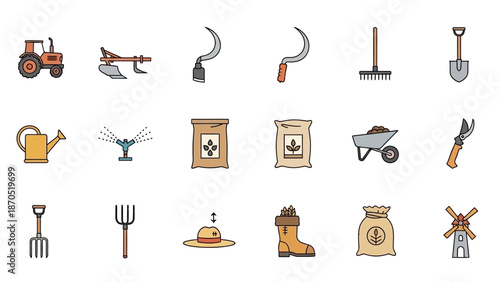 Collection of farming and gardening tools, equipment, and agricultural supplies icons on a white background, representing various aspects of cultivation and harvest.