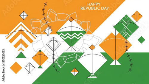 Vibrant kite designs in orange white and green hues celebrate republic day with festive flying kites and decorative patterns with kite flying