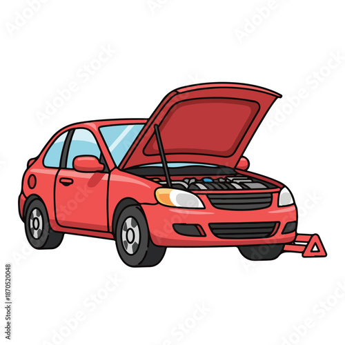 A red car with hood up and warning triangle