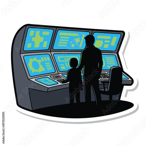 A man and a child in front of a large computer