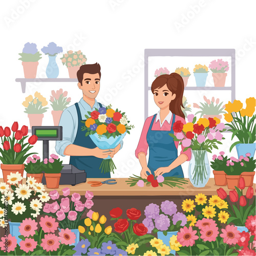 A man and woman in a flower shop surrounded by vibrant flowers
