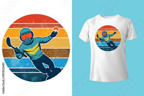 Peak thrills t shirt design featuring skier winter adventure awaits themed apparel vector template perfect for snow sports enthusiasts and frosty escapades