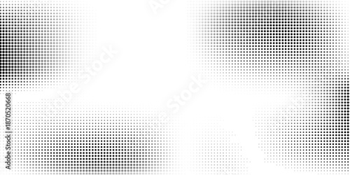 Grunge halftone gradient background. Faded grit noise texture. White and black sand wallpaper. Retro pixelated backdrop. Anime or manga style comic overlay. Vector graphic design textured template