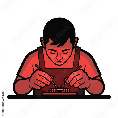 A man in an apron working on a small object