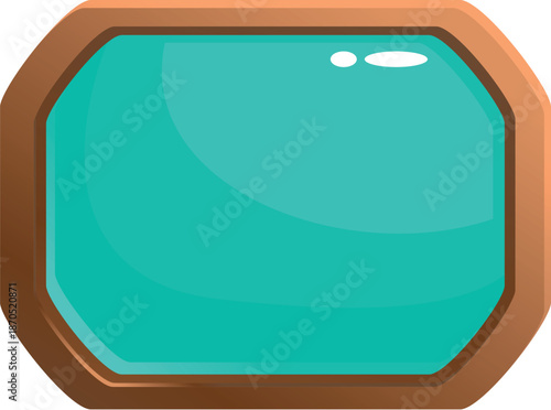 Glossy octagonal turquoise button with wooden frame, ideal for game or app interfaces