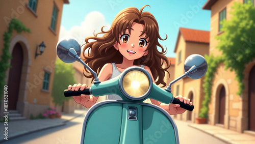 Cheerful Anime Girl Riding a Vintage Turquoise Scooter through Italian Streets