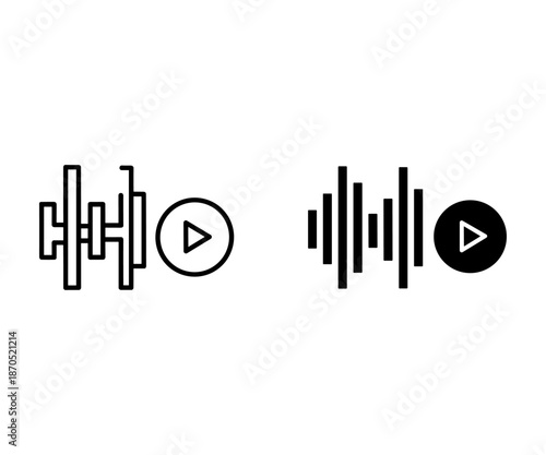 Black and white audio wave and play button with sound waves and circle background