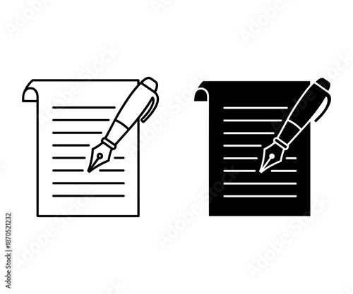 Black and white line of a fountain pen writing on a scroll with blank lines line black and white