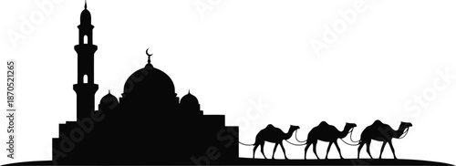 Ramadan mosque and camel caravan silhouette vector for Islamic holiday design
