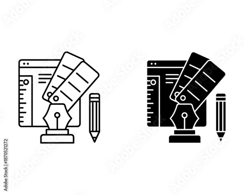 Black and white of drafting tools and computer screen with ruler and pencil