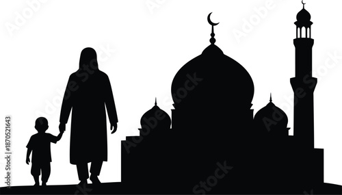 Ramadan mosque silhouette vector with mother and child walking illustration