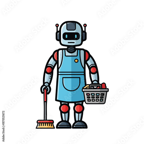 A robot in a blue apron holding a broom and a basket