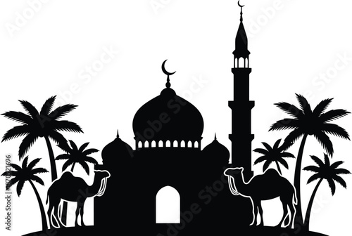 Ramadan mosque silhouette vector with camels and palm trees for Islamic holiday design