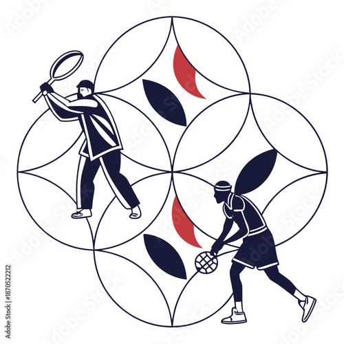 A vector graphic illustration of two tennis players in action with a geometric design