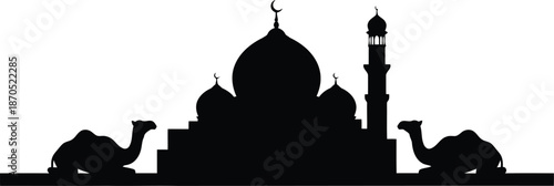 Ramadan mosque silhouette vector with camels, Islamic black skyline illustration