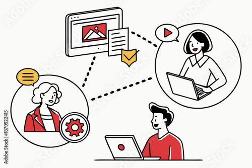 A vector graphic illustration of people collaborating and communicating remotely with laptops and speech bubbles