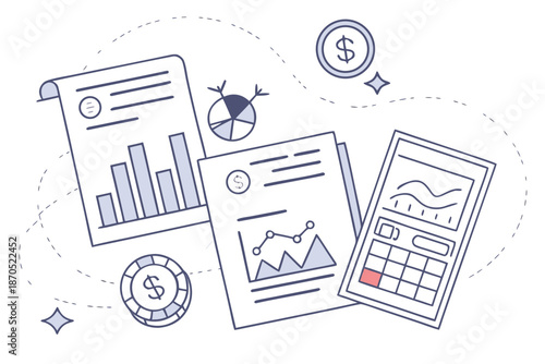 A vector graphic illustration of financial documents and calculator for business accounting