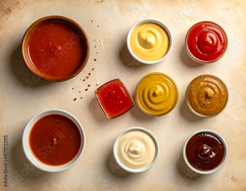 Assortment of Sauces in Bowls on Beige Surface.