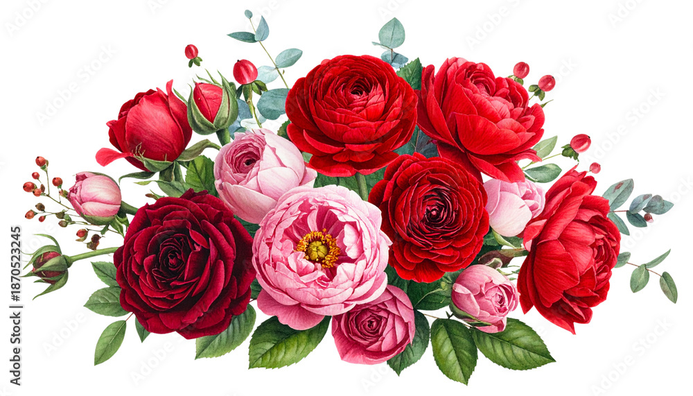 Fototapeta premium A beautiful bouquet of red roses makes a romantic Valentine gift, featuring vibrant floral petals and natural blossom beauty for a wedding celebration or love anniversary