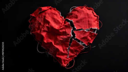 A fragmented red fabric heart starkly illustrates the profound pain of heartbreak and emotional loss