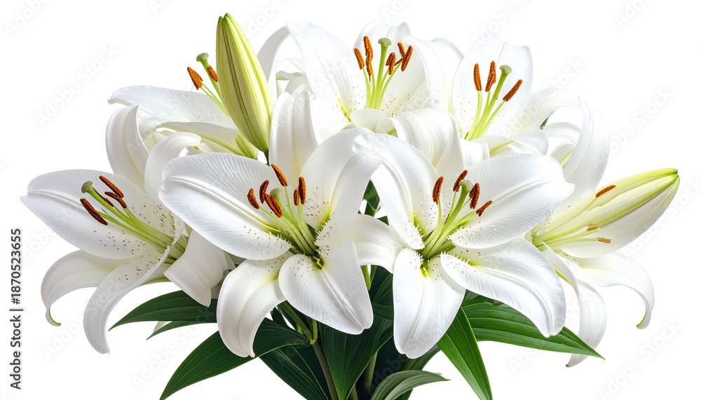Obraz premium A beautiful bouquet of white lilies with delicate petals and yellow buds isolated on a white background captures the natural floral beauty of a spring blossom in a macro closeup