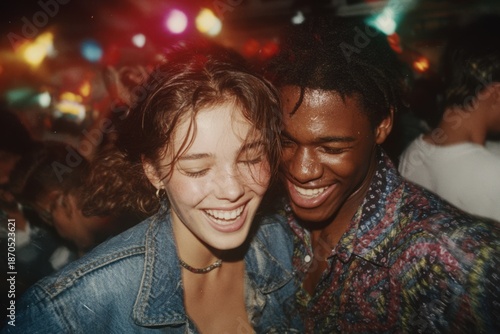 Wallpaper Mural Joyful Moments in the Spotlight: A Celebration of Friendship and Laughter Under Colorful Lights at a Vibrant Party Torontodigital.ca