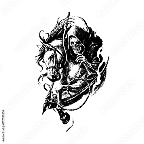 Skeleton Rider Playing Trumpet on Horse