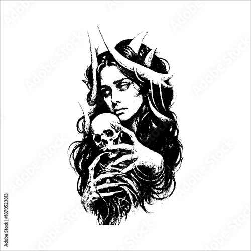 Horned Woman Holding Skull in Dark Fantasy Art